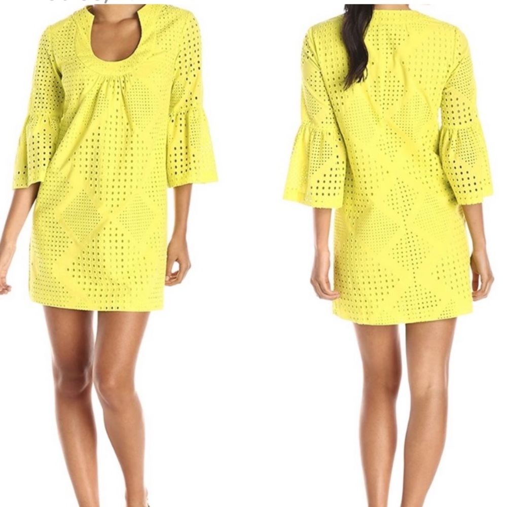 Trina Turk Lemongrass Bonita Shift Bell-sleeve Lined Eyelet Horseshoe Neck Dress